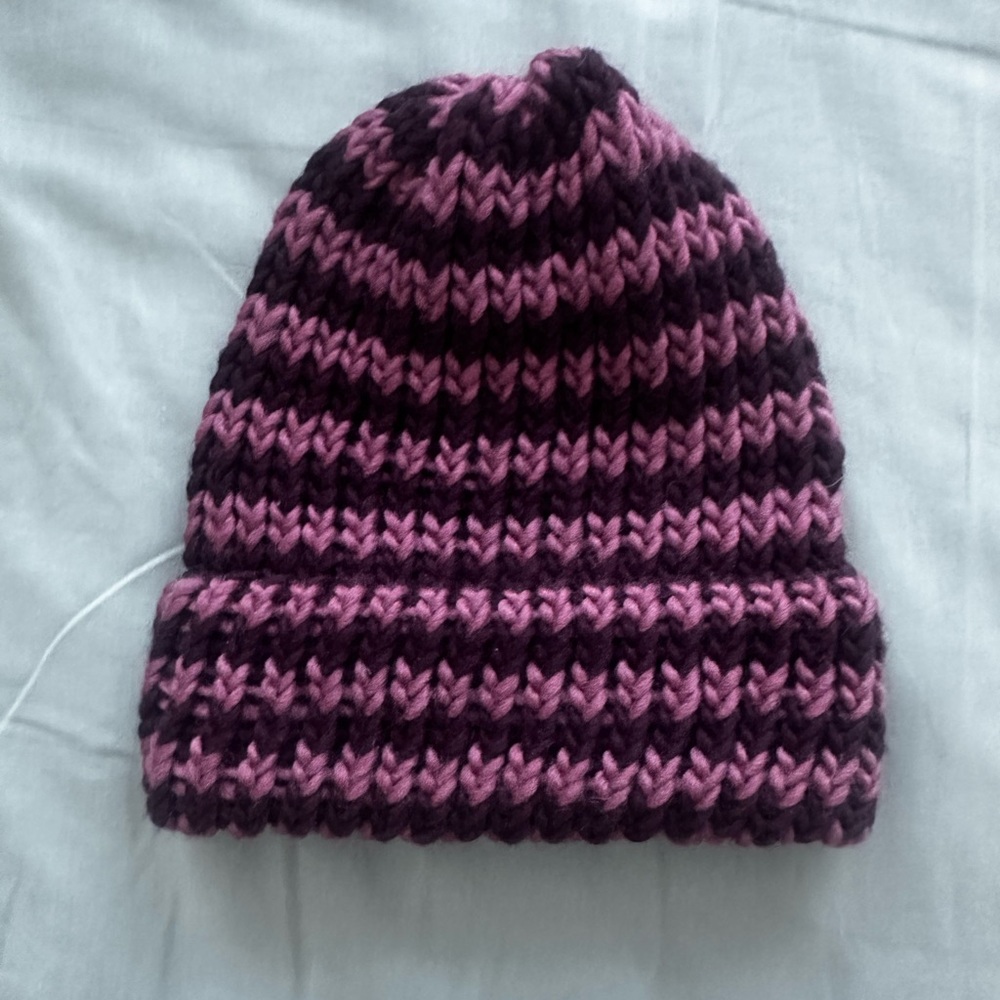 Striped handmade Knit Beanie in maroon and mauve